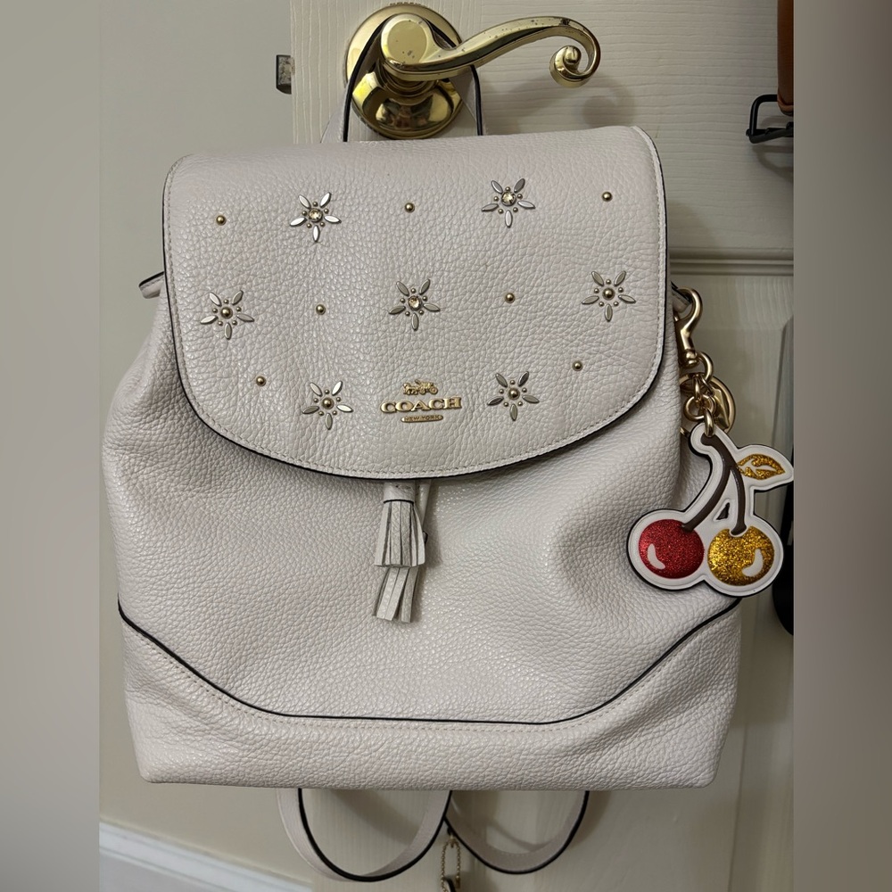 Coach Elle Bone Colored Backpack with Stud Accents and Coach Cherry Charm